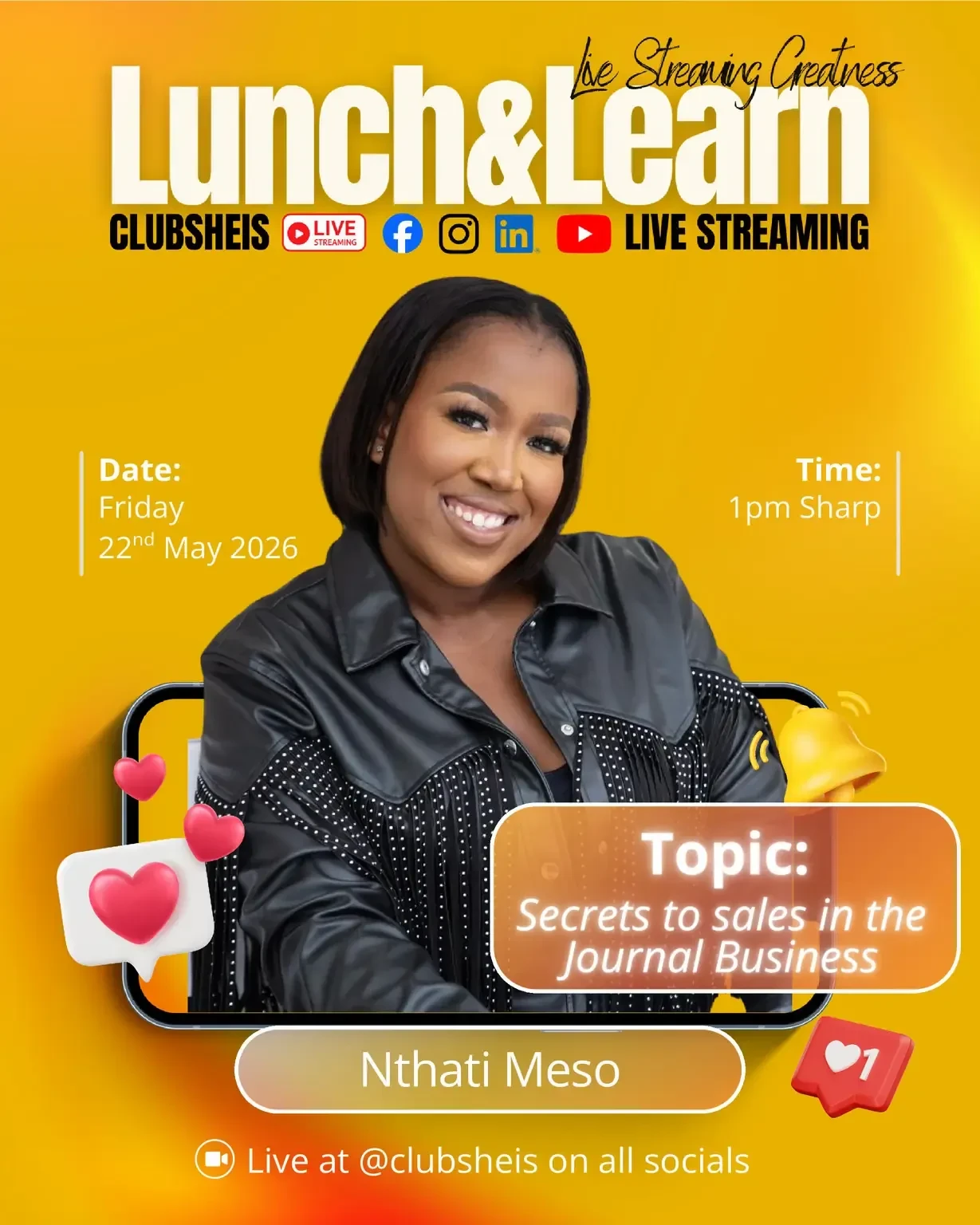 Can I be honest with you, sis?  A lot of people think the journal business is just about having a pretty cover and posting aesthetic content online(Guilty 🫣), but the real secret to making sales goes much deeper than that.  Join us today as we converse with Nthati, the founder of Bossplus1, a stationery business built on the idea that the little things matter, the notebook you write your goals in is also important and let us unpack the secrets to making sales!  This one is for you, See you at 13:00. 📍Live on All Our Platforms.  Comment LUNCH and we will send you the link.