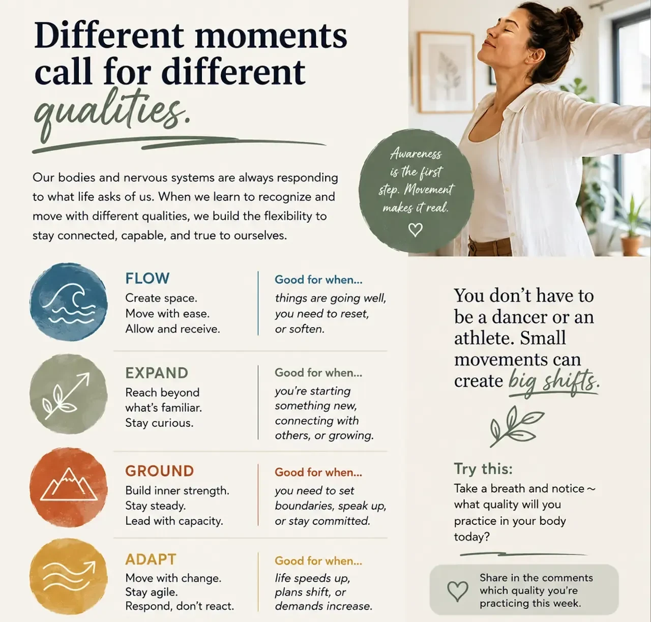 Different moments call for different movement qualities.