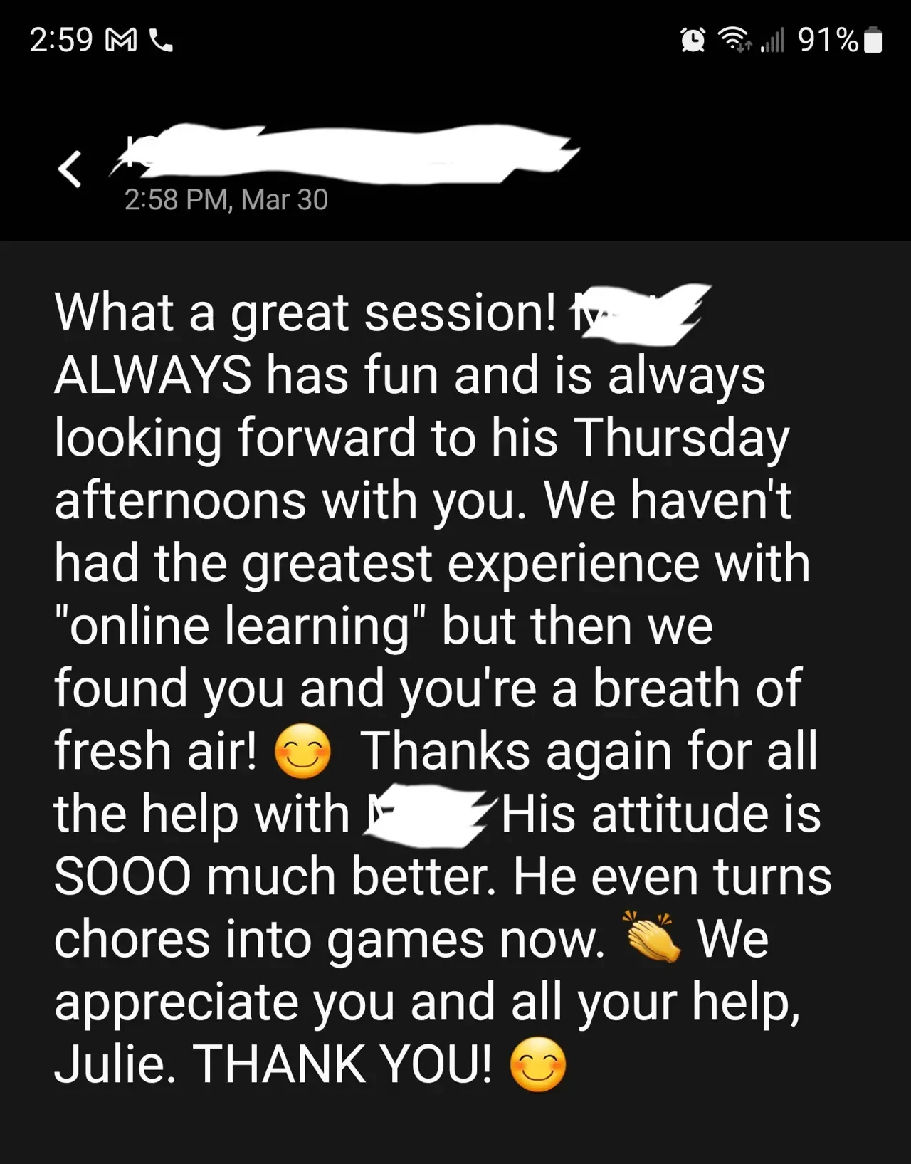 Got a VERY thoughtful text from a student's mom.