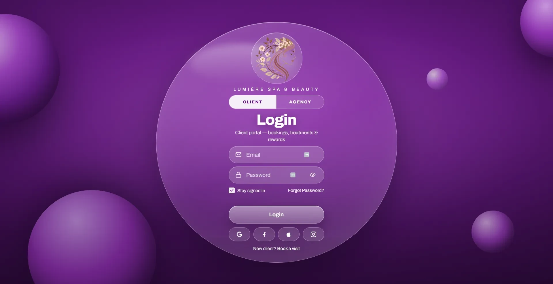 Built a glassmorphic client login for a spa & beauty sub-account 💜