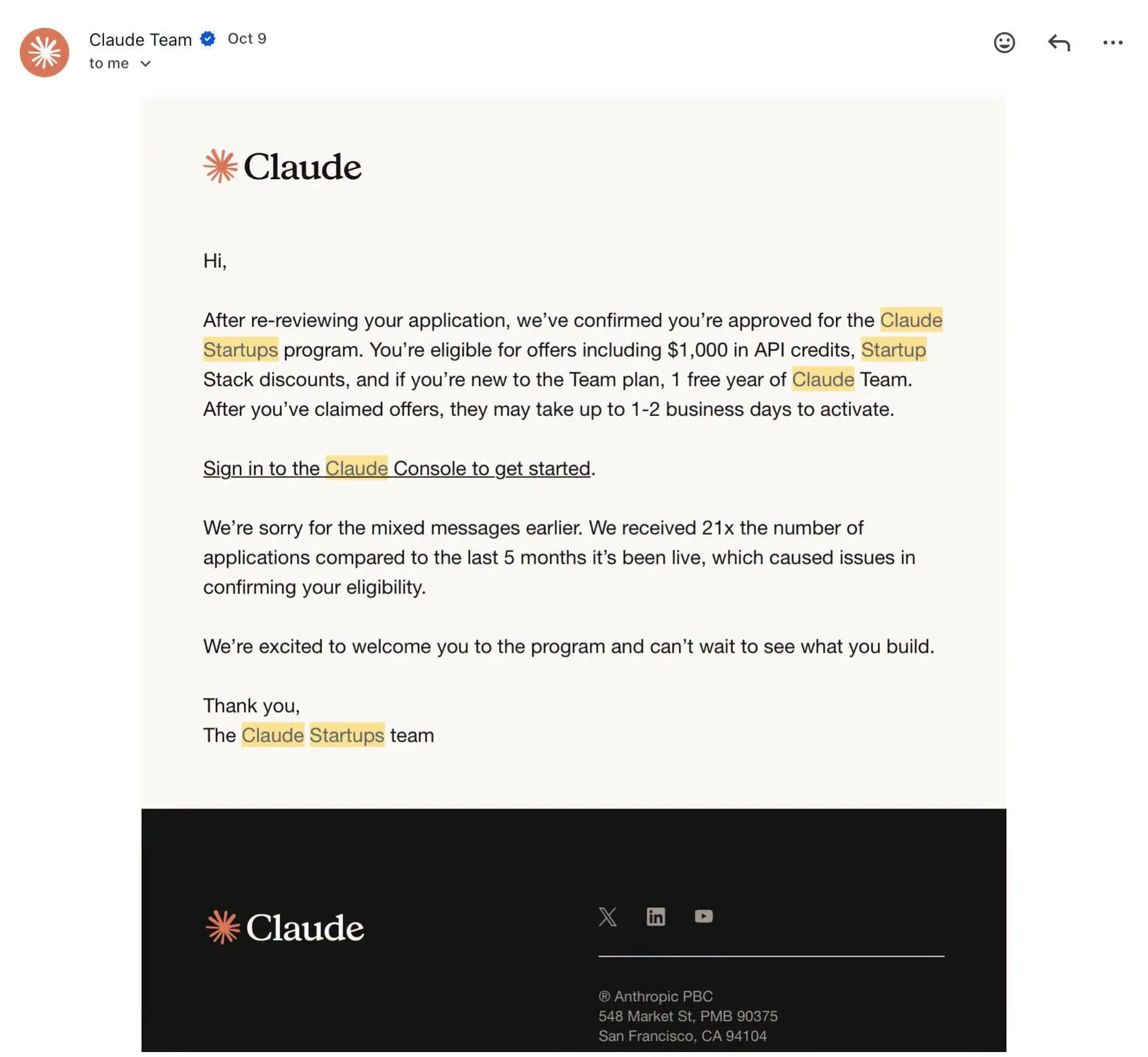 Update on Claude for Startups ...
