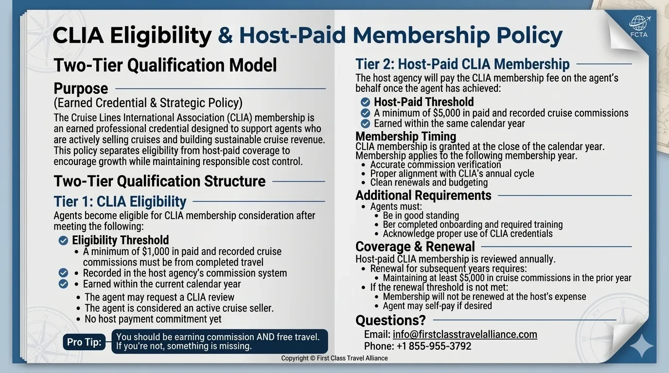 CLIA Eligibility & Host-paid Membership policy lesson poster
