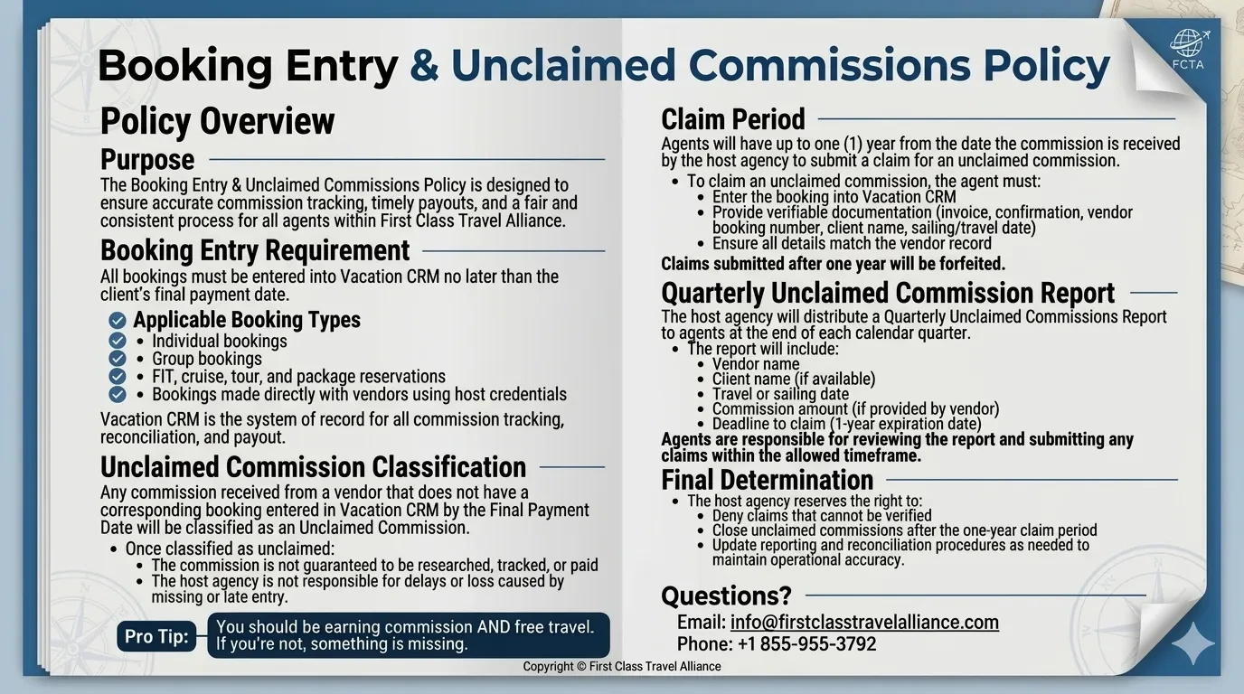 Booking Entry & Unclaimed Commissions Policy lesson poster