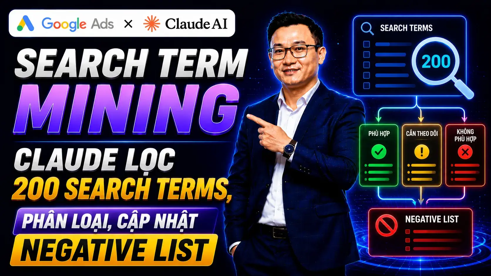 Bài 5.3 - Search Term Mining — Claude lọc 200 search terms, phân loại, cập nhật negative list