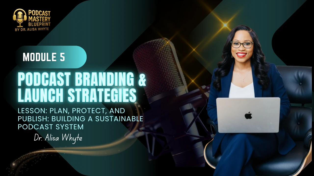 Module 5: Podcast Branding & Launch Strategies -Plan, Protect, and Publish: Building a Sustainable Podcast System lesson poster
