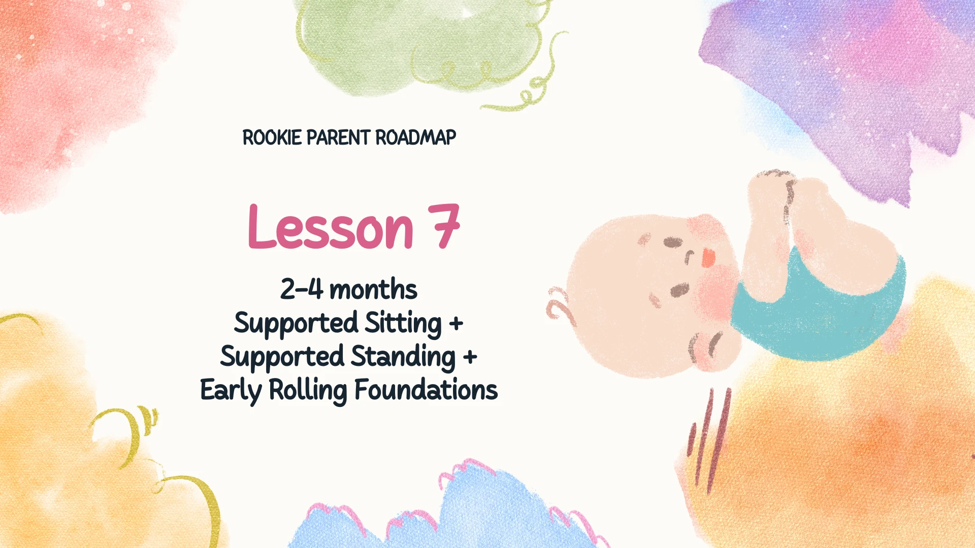 Lesson 7 (2–4 months) – Supported Sitting + Supported Standing + Early Rolling Foundations lesson poster