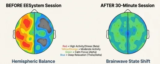 EEG Brain Maps: Before vs After (30 Minutes) — Reported Synchronization lesson poster