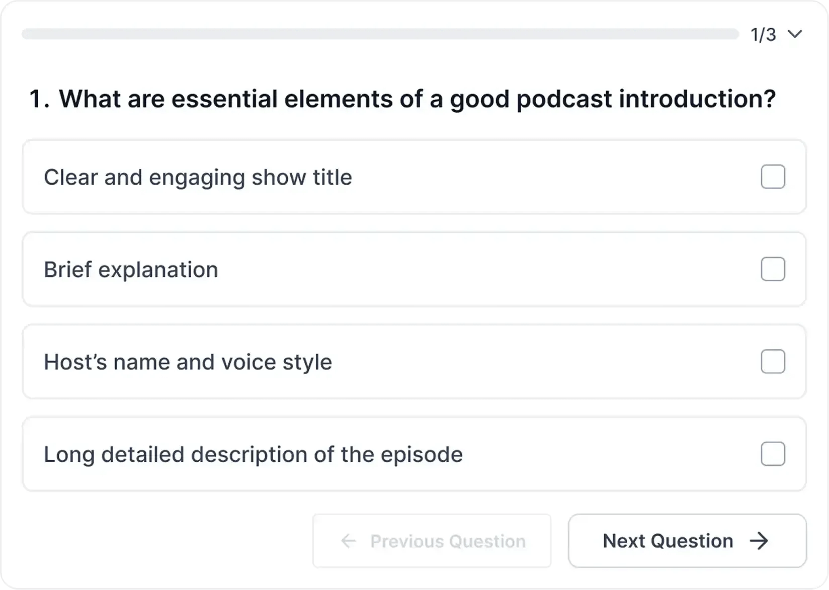 Interactive quiz question interface